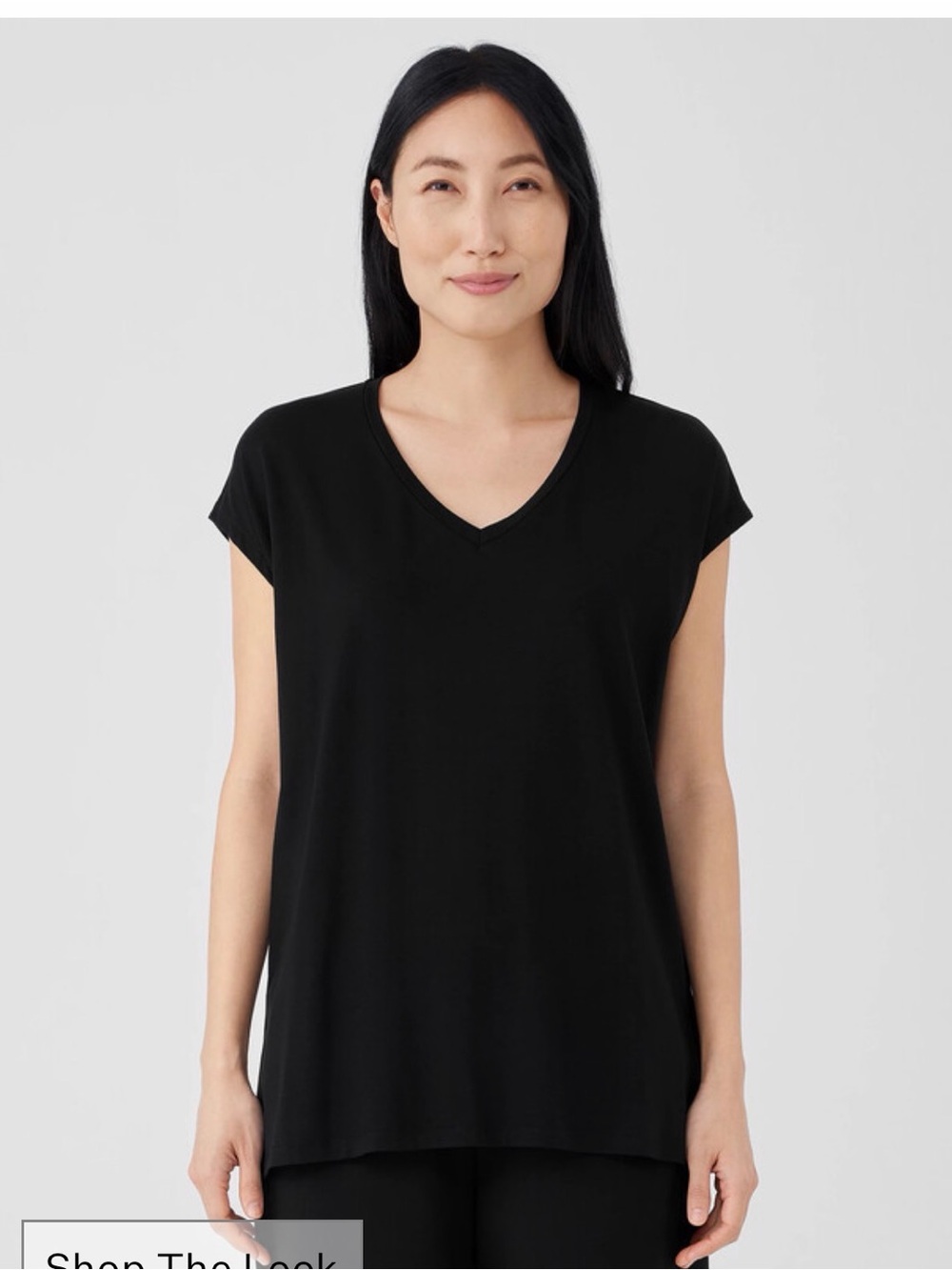 Eileen Fisher fine jersey V-neck top features a relaxed boxy fit Black Sz Small